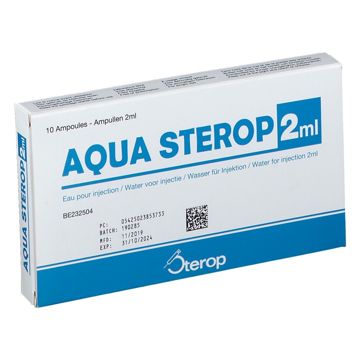 Doos "AQUA STEROP 2ml". Blauw en witte verpakking. QR-code en batchnummer. Logo "Sterop".