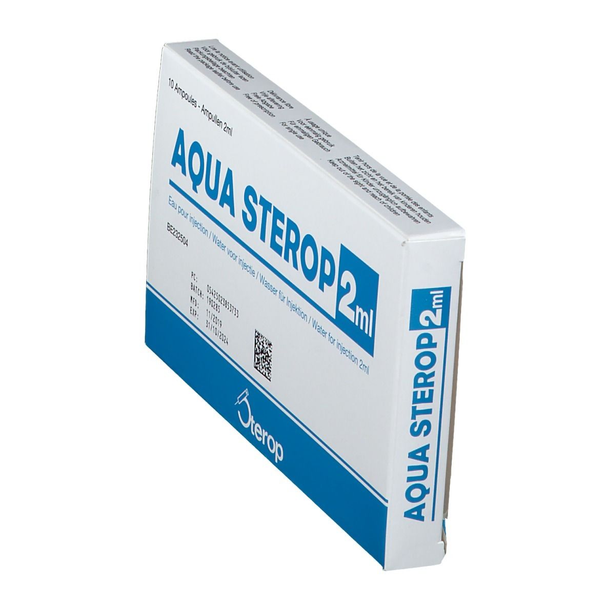 Schuine verpakking "AQUA STEROP 2ml". Blauw en witte doos. QR-code en batchnummer. Logo "Sterop".
