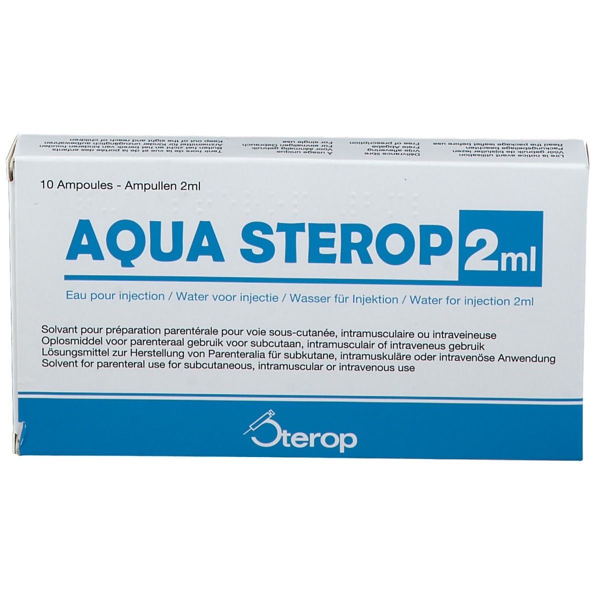 Doos "AQUA STEROP 2ml". Blauw en witte verpakking. 10 ampullen. Meertalige tekst.