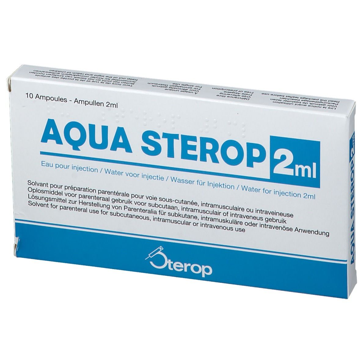 Doos "AQUA STEROP 2ml". Blauw en witte verpakking. 10 ampullen. Meertalige tekst.