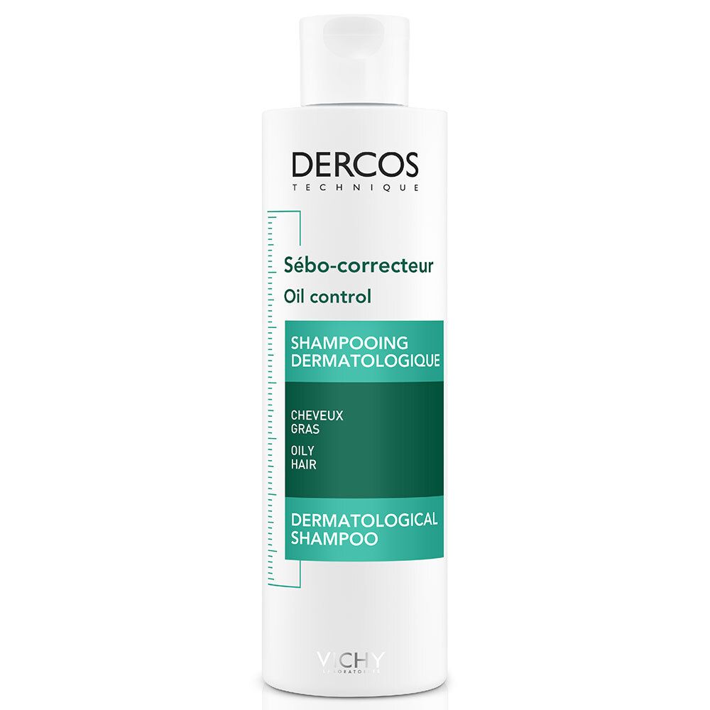 Flacon blanc et bleu de shampooing. Inscription: Dercos, Sébo-correcteur, Oil control, Shampooing Dermatologique, Cheveux Gras.