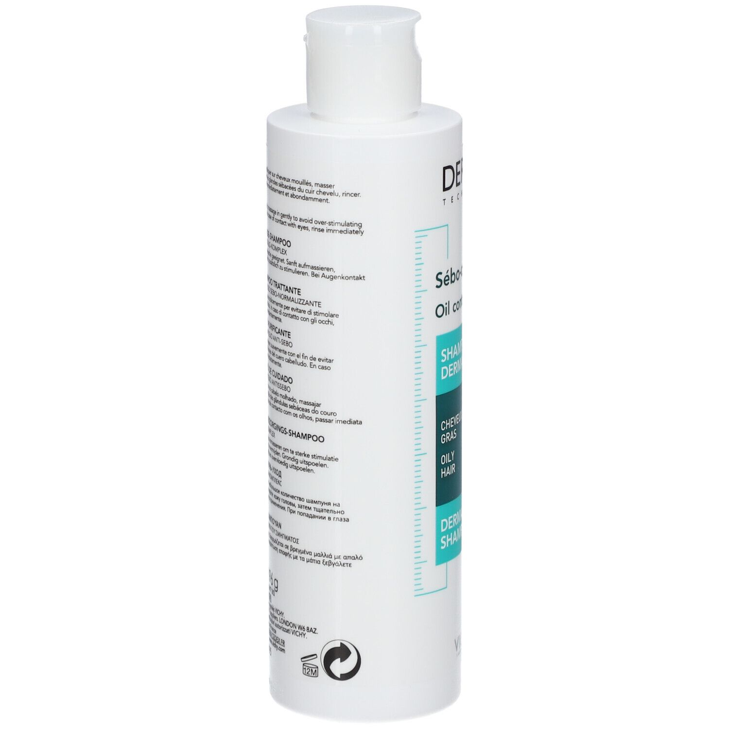Dos du flacon de shampooing. Texte multilingue. Informations sur le produit et son utilisation.