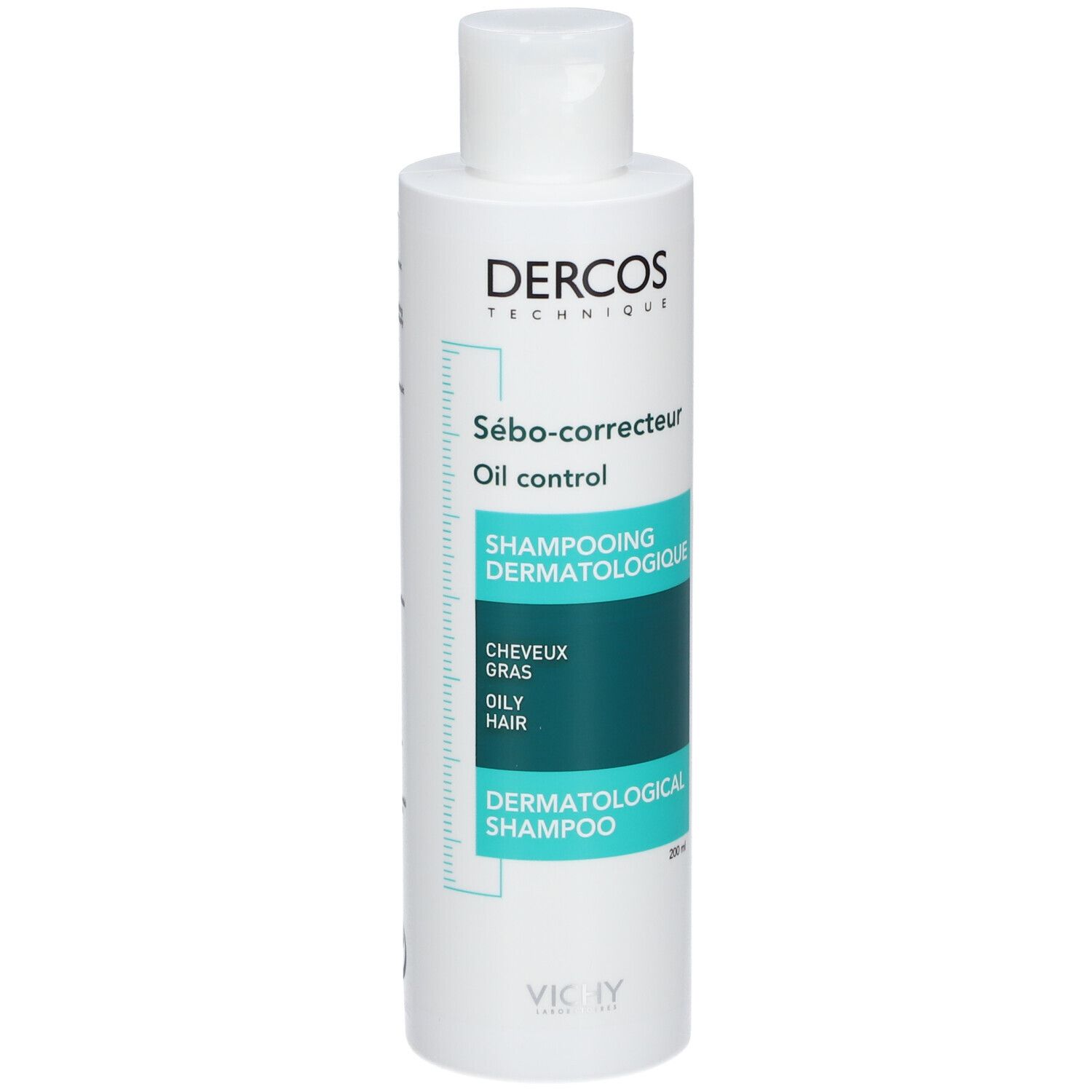 Flacon de shampooing blanc et bleu. Inscription: Dercos, Sébo-correcteur, Oil control, Shampooing Dermatologique, Cheveux Gras, 200 ml.