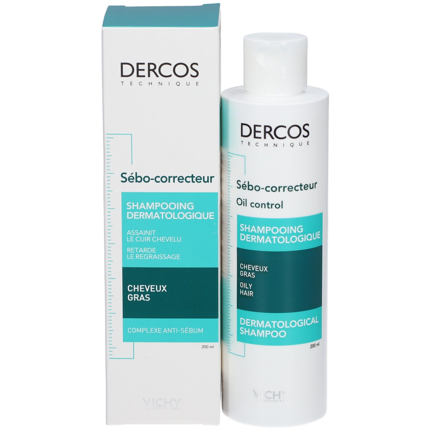 Flacon de shampooing et emballage. Inscription: Dercos, Sébo-correcteur, Shampooing Dermatologique, Cheveux Gras, 200 ml.