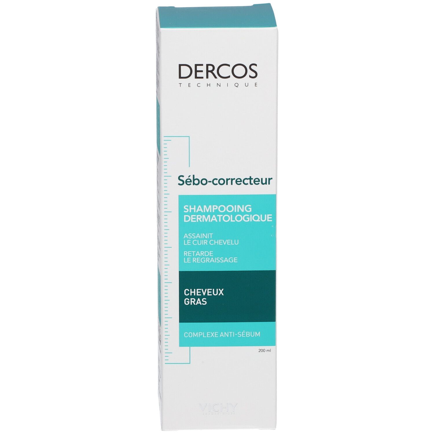 Emballage de shampooing. Inscription: Dercos, Sébo-correcteur, Shampooing Dermatologique, Cheveux Gras, 200 ml.