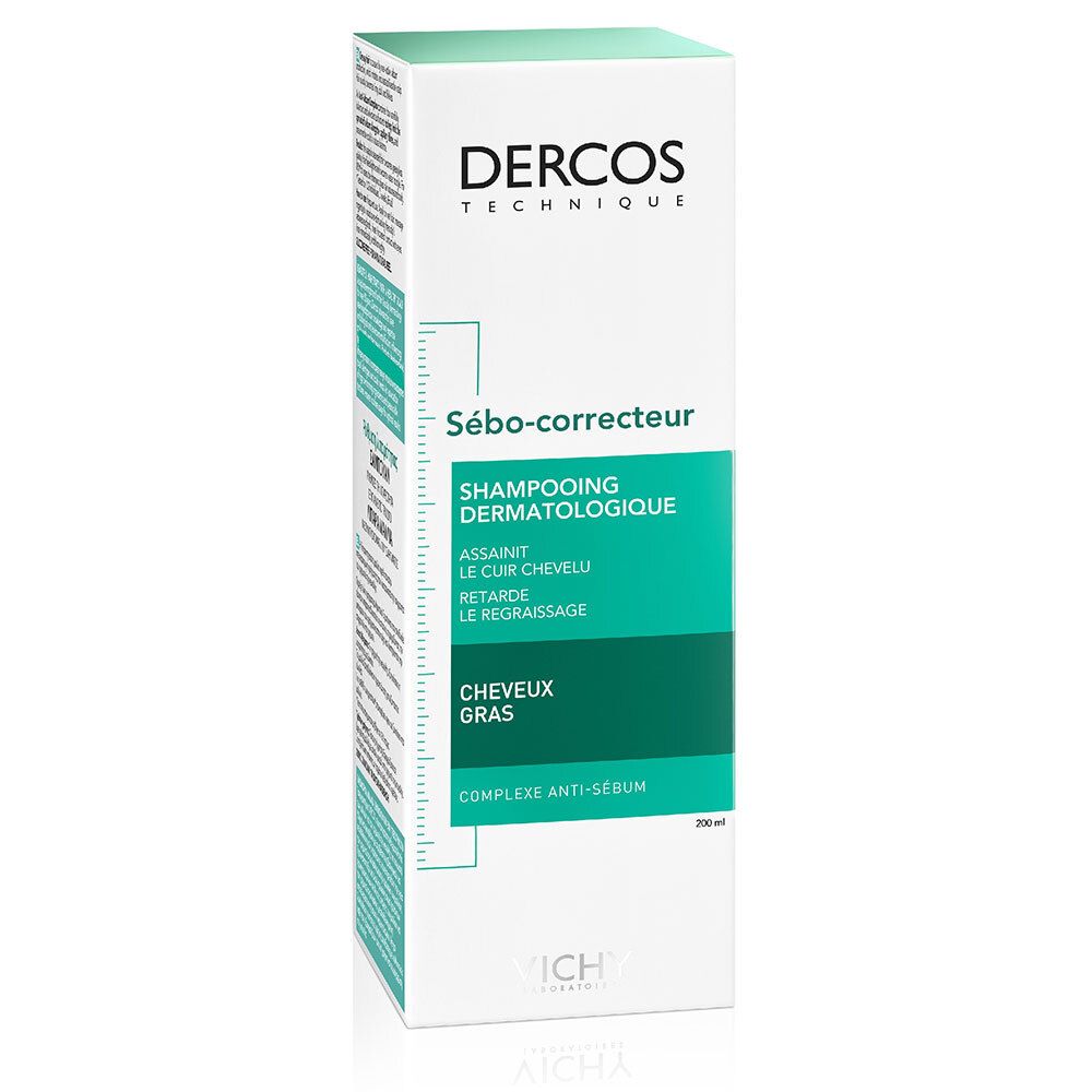 Boîte de shampooing. Inscription: Dercos, Sébo-correcteur, Shampooing Dermatologique, Cheveux Gras. Avec informations.