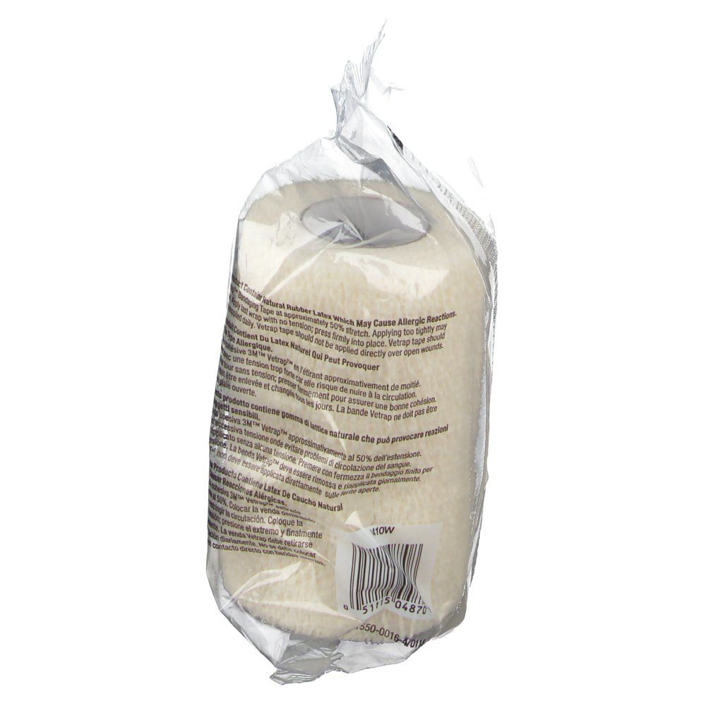 Ruban adhésif 3M Vetrap en emballage. Ruban blanc. Inscription : Bandaging Tape, Benda Cohesiva, Venda Cohesiva. Avertissement sur l'emballage.
