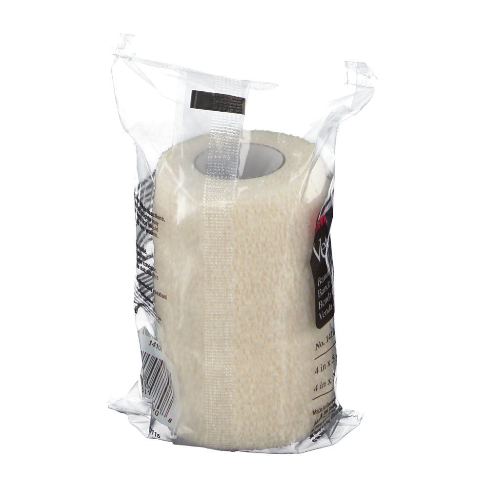 Ruban adhésif 3M Vetrap en emballage. Ruban blanc. Inscription : Bandaging Tape, Benda Cohesiva, Venda Cohesiva. Avec code-barres.