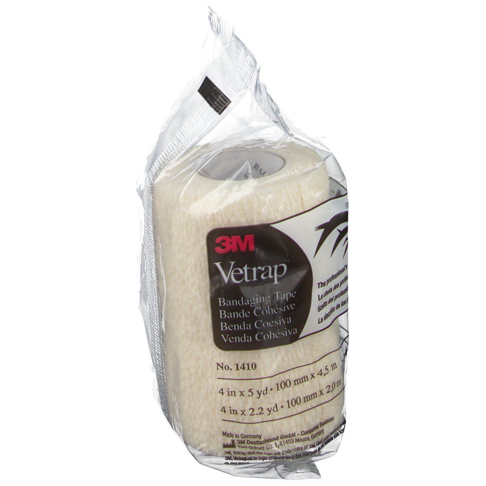 Ruban adhésif 3M Vetrap en emballage. Ruban blanc, 10 cm x 4,5 m. Inscription : Bandaging Tape, Benda Cohesiva, Venda Cohesiva.