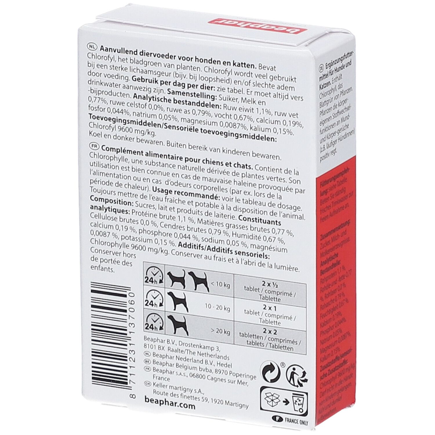 Rückseite der Tablettenverpackung. Dosierungsempfehlung für Hunde und Katzen. Beaphar Chlorophyll Tablets.