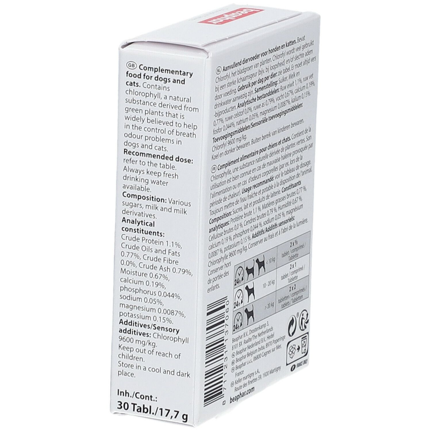 Tablettenverpackung. Beaphar Chlorophyll Tablets. Enthält 30 Tabletten. Für Hunde und Katzen.