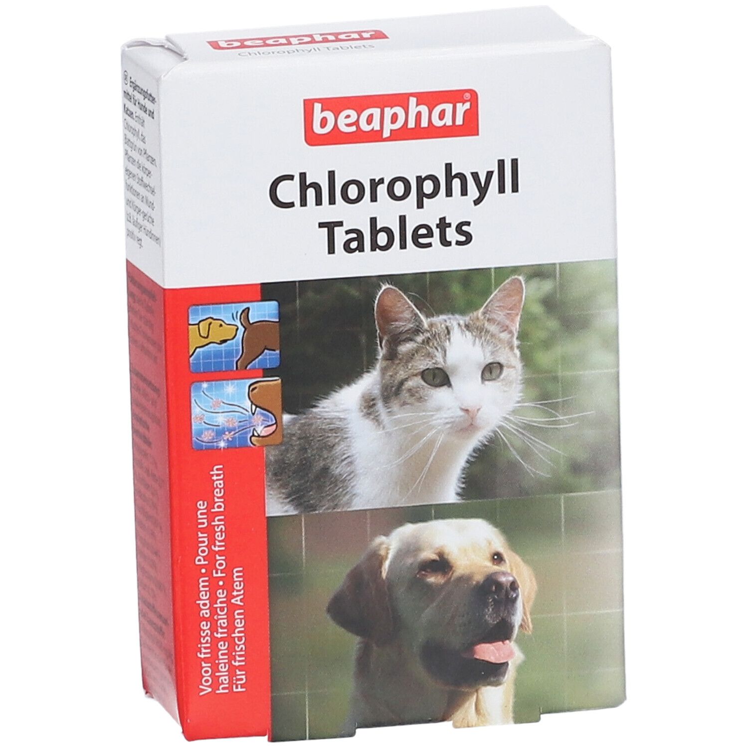 Verpackung mit Tabletten. Beaphar Chlorophyll Tablets. Katze und Hund abgebildet. Für frischen Atem.