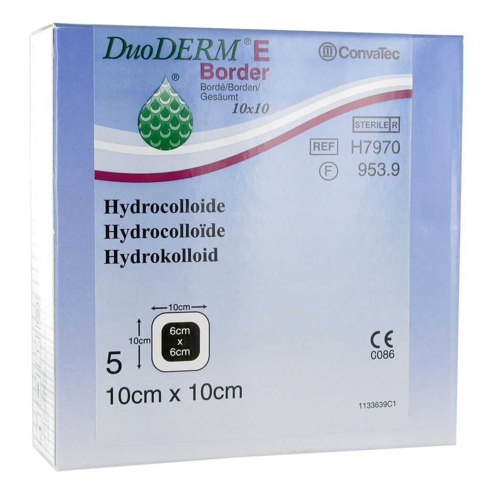 Boîte de DuoDERM E Border, 10x10cm. Contient 5 pansements hydrocolloïdes. Avec marquage CE et indication stérile.