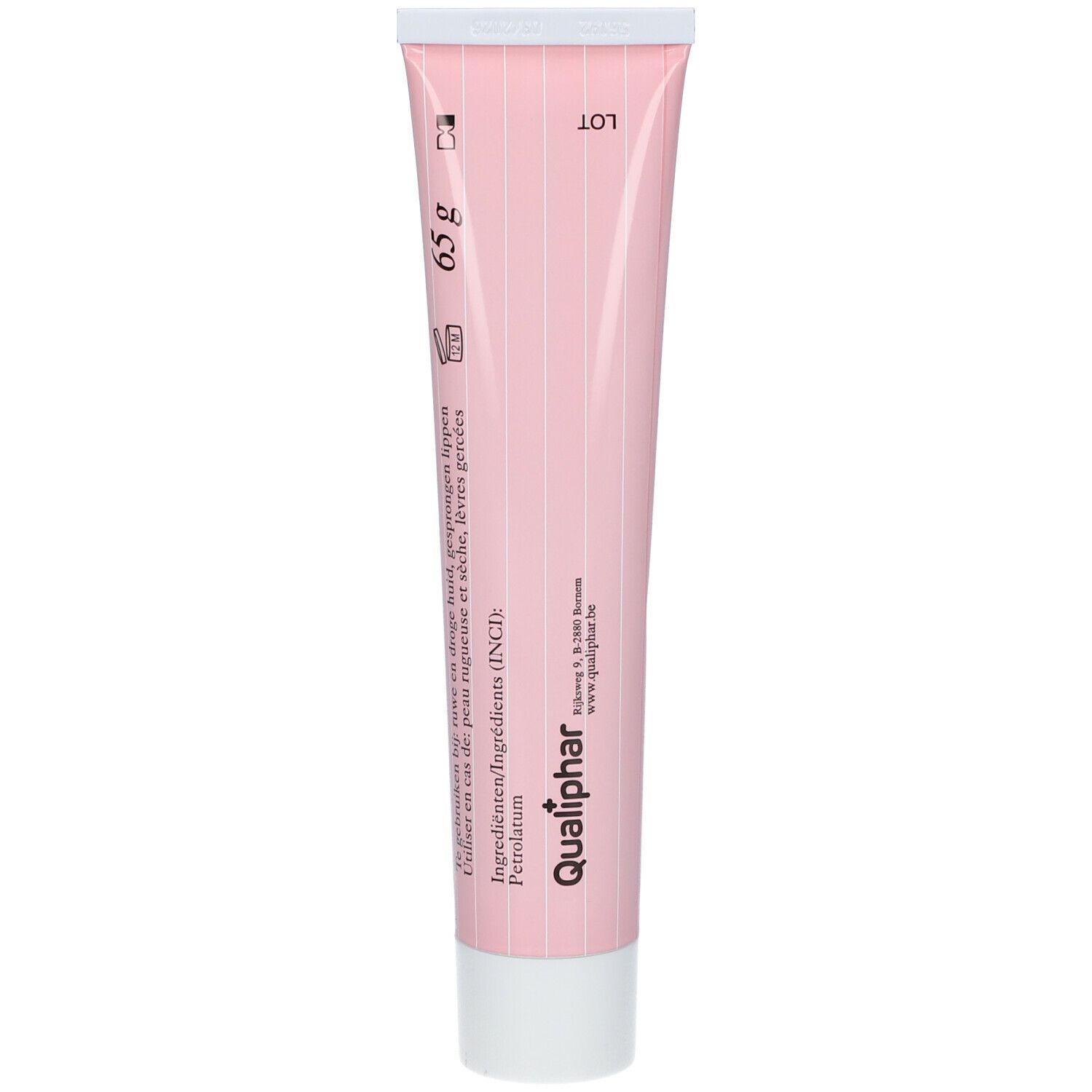 Tube rose avec inscriptions. Inscription: 65 g, Qualiphar. Contient Petrolatum. Bouchon à vis blanc.