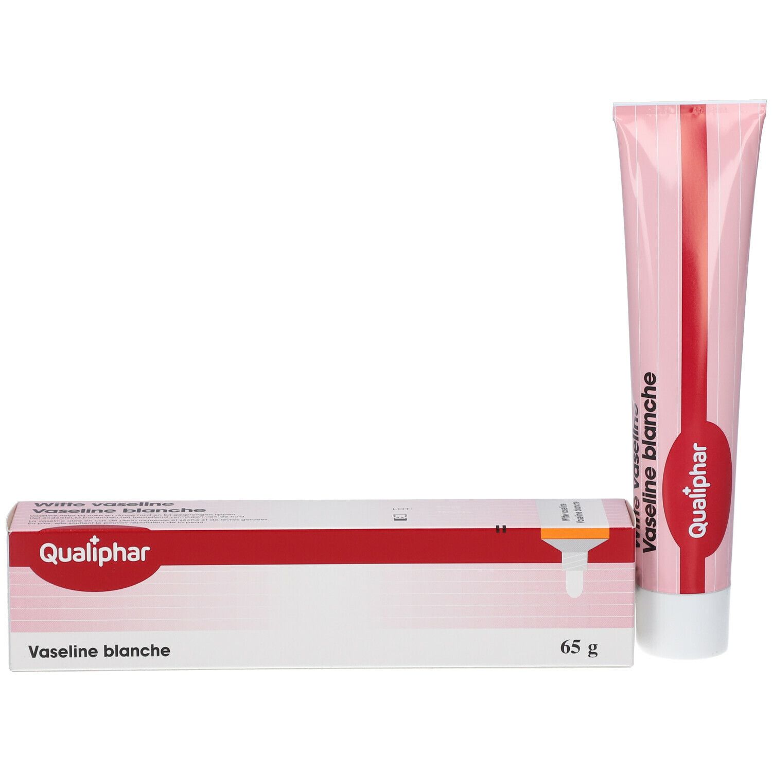 Emballage et tube. Boîte avec inscription: Vaseline blanche, Qualiphar. Tube: rose, bouchon blanc.