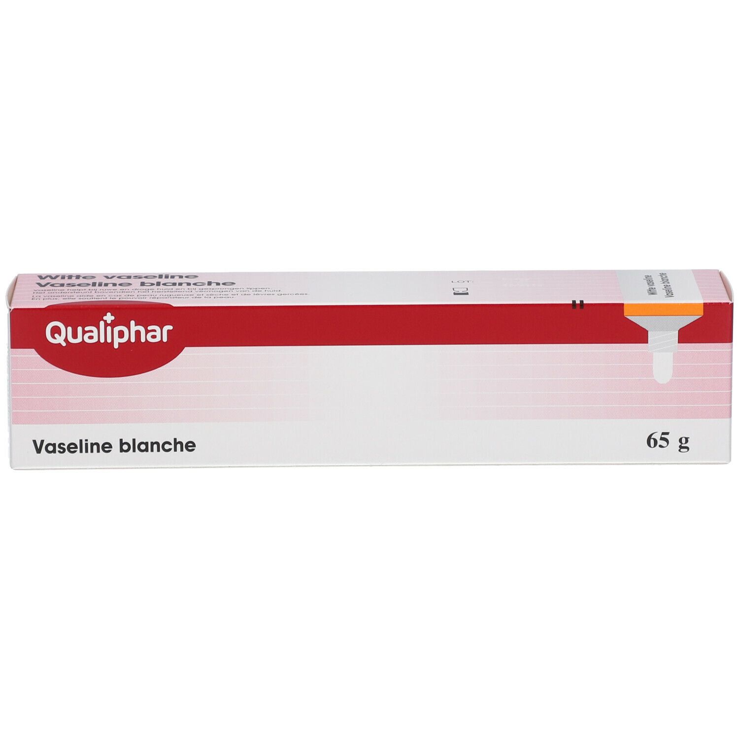 Emballage carton avec inscription: Vaseline blanche, Qualiphar. 65 g. Design blanc et rouge.