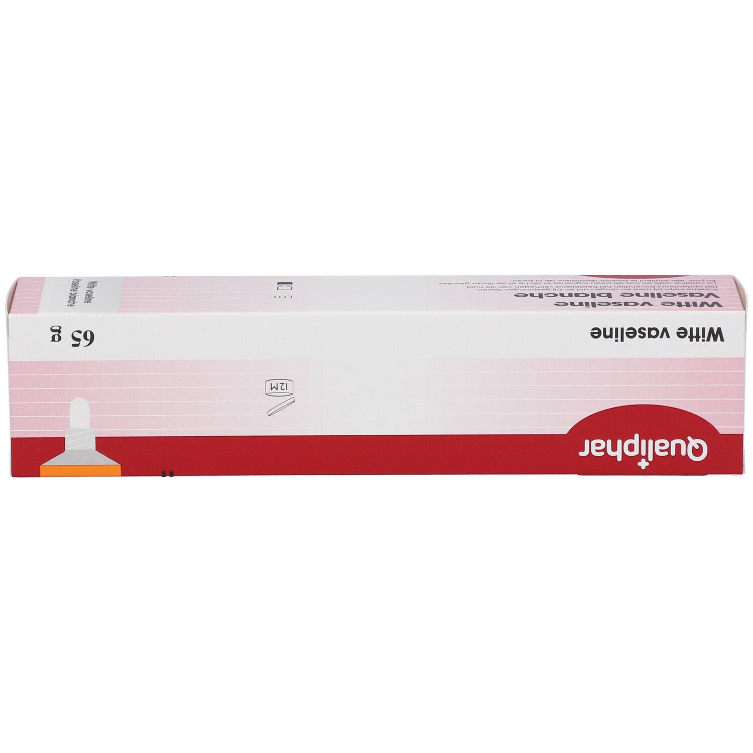 Emballage carton avec inscription: Vaseline blanche, Qualiphar. 65 g. Design blanc et rouge.
