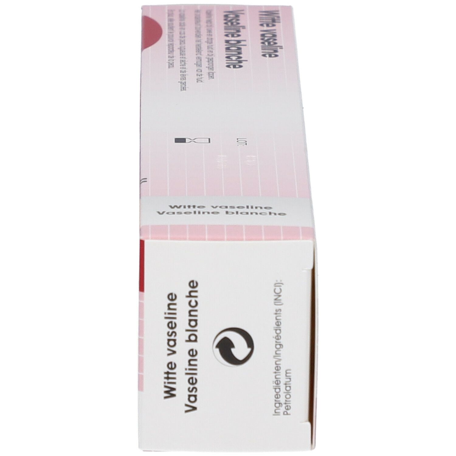 Emballage carton. Inscription: Vaseline blanche, Qualiphar. Ingrédients. Symbole de recyclage.