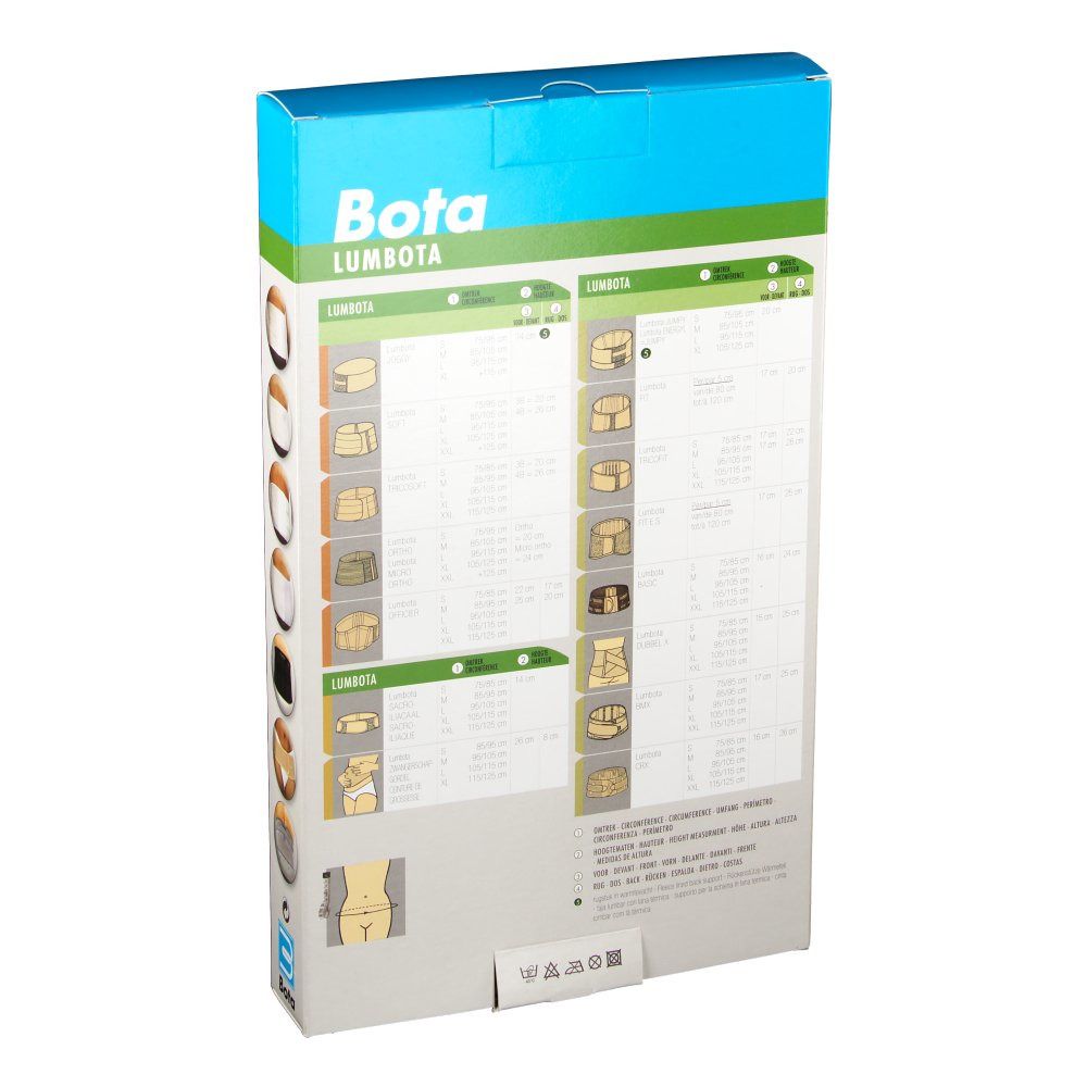 Achterkant van de BOTA Lumbota verpakking. Diagrammen en productafbeeldingen. Tekst in meerdere talen. Blauw-witte verpakking.