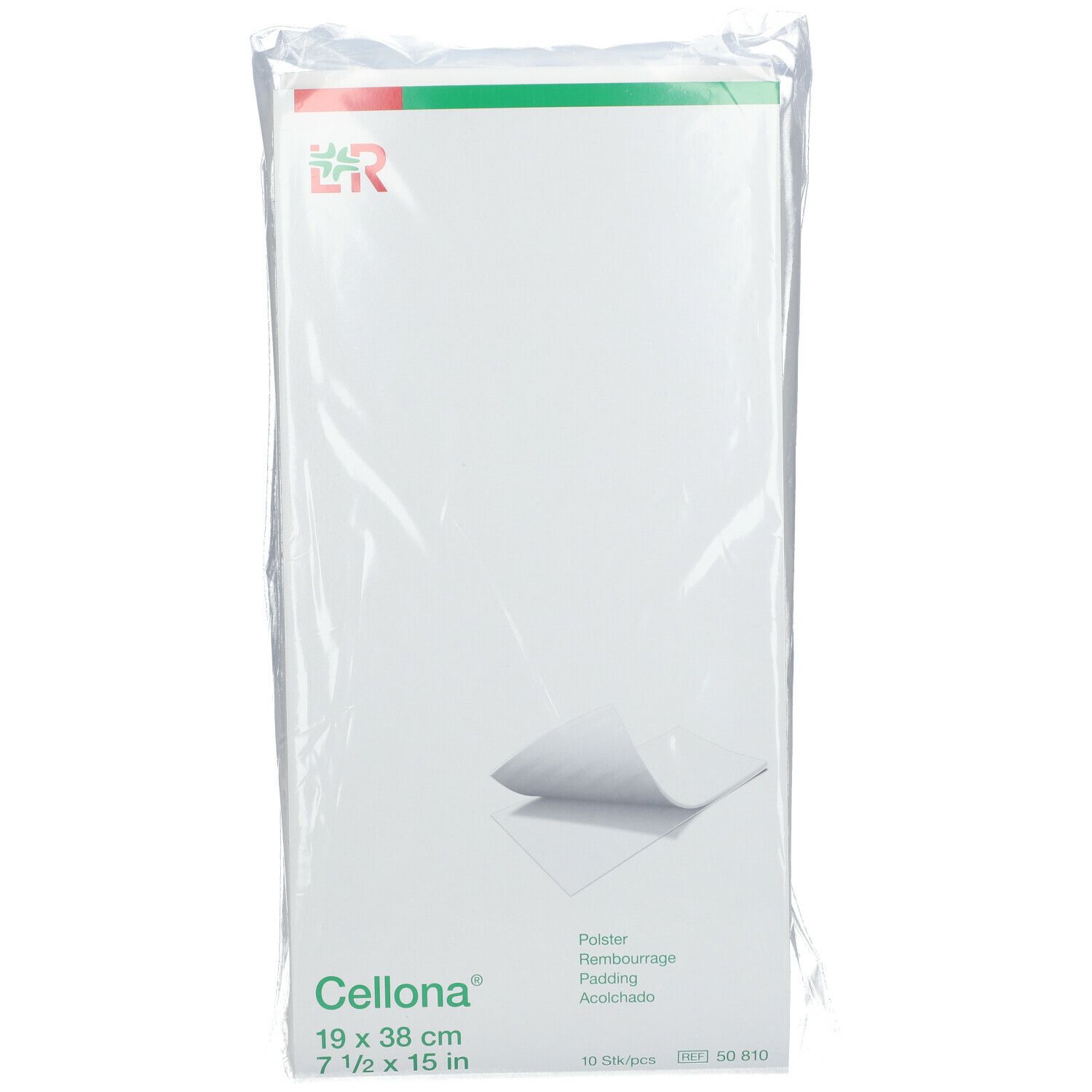 Cellona Polster, verpackt in Folie. Aufdruck mit Produktname, Maßen 19 x 38 cm, und Herstellerlogo. Packung mit 10 Stück.