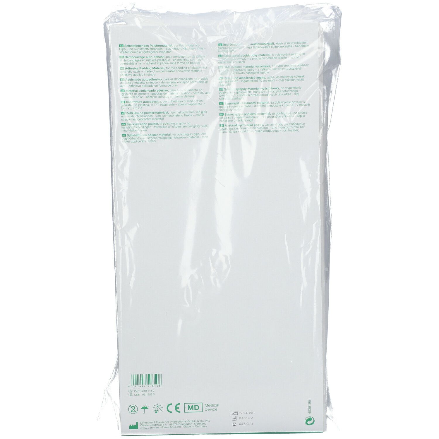 Rückseite der Cellona Polster Verpackung. Text in mehreren Sprachen. CE-Kennzeichnung und weitere Symbole. Grüne Schrift auf weißem Hintergrund.