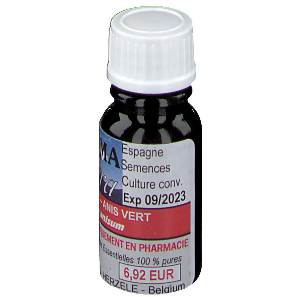 Flacon en verre foncé, bouchon blanc. Étiquette: AROMA thera ANIS VERT, Exp 09/2023, 6,92 EUR.
