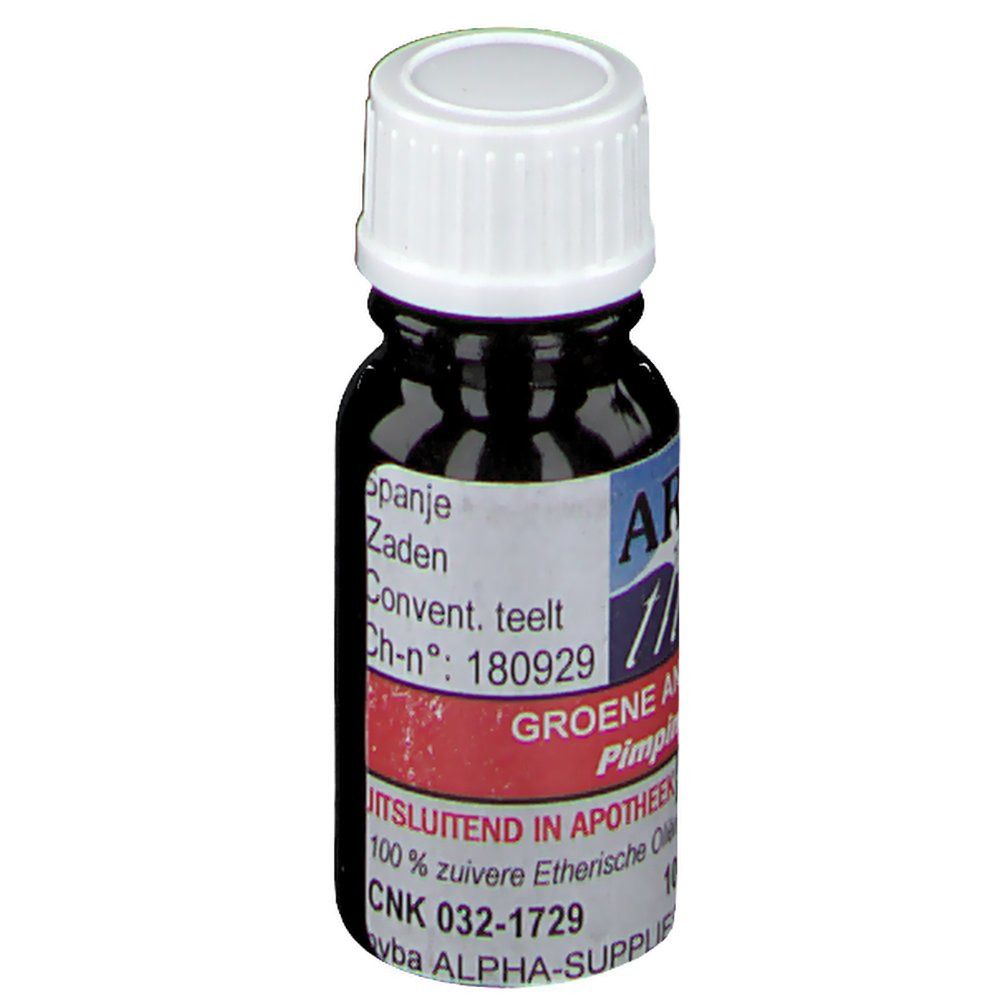 Flacon en verre foncé, bouchon blanc. Étiquette: AROMA thera, GROENE ANIS, CNK 032-1729.