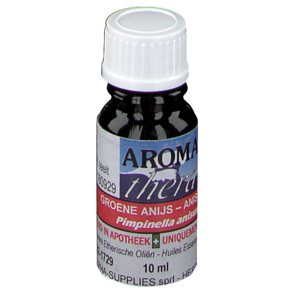 Flacon en verre foncé, bouchon blanc. Étiquette: AROMA thera, GROENE ANIS - Pimpinella anisum, 10 ml.