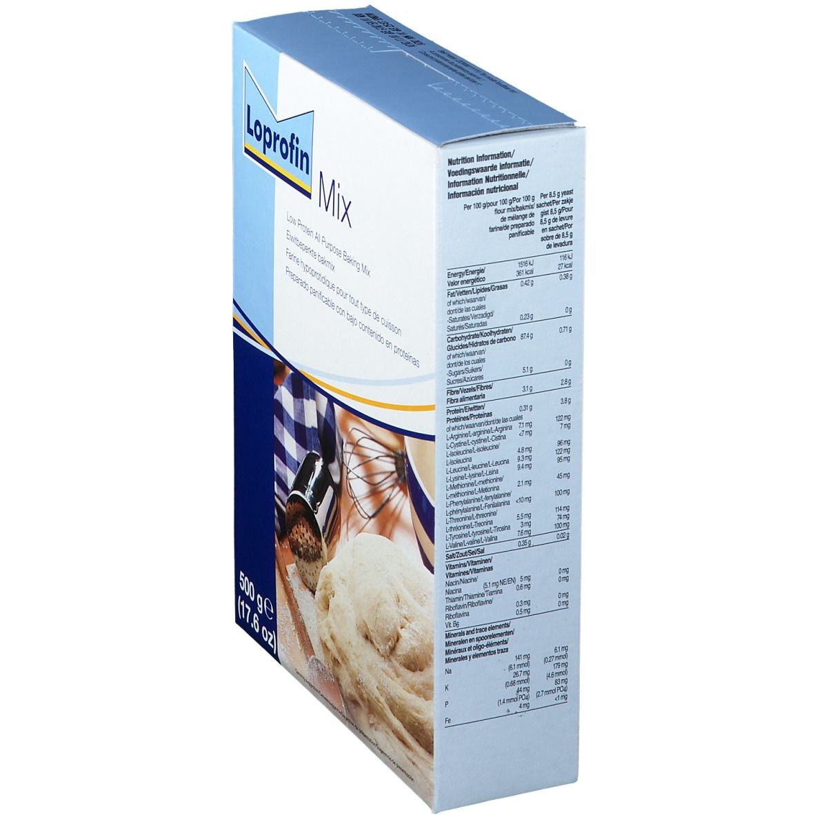 Karton Loprofin Mix. Aufdruck: Low Protein All Purpose Baking Mix. 500 g. Nährwertangaben auf der Seite.