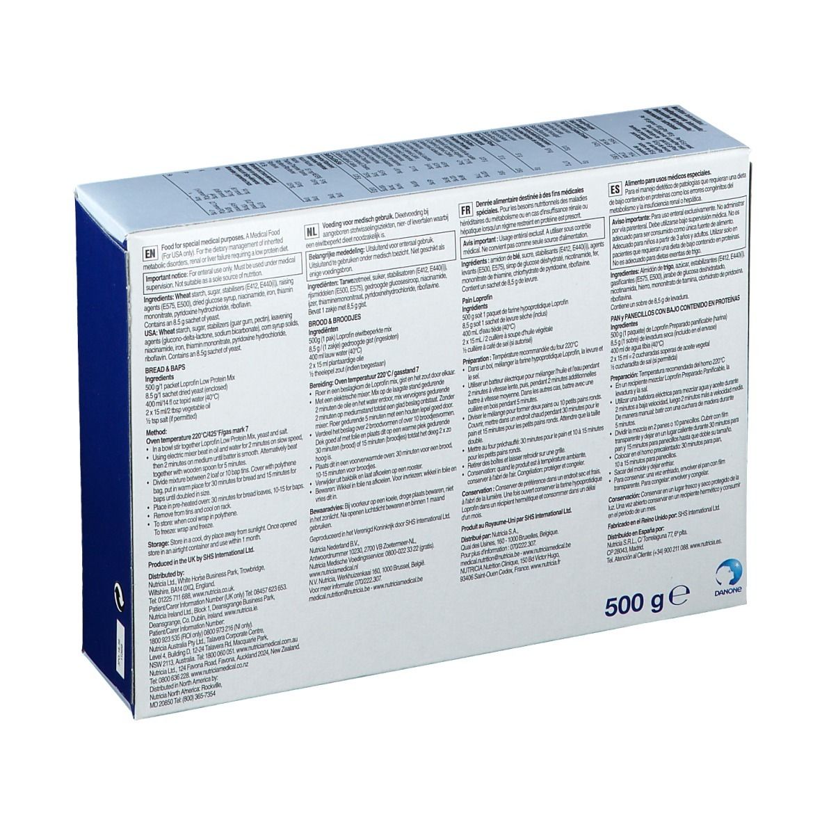 Rückseite der Loprofin Mix-Verpackung. Text: Zutaten, Nährwertangaben, Herstellerinformationen. 500 g.