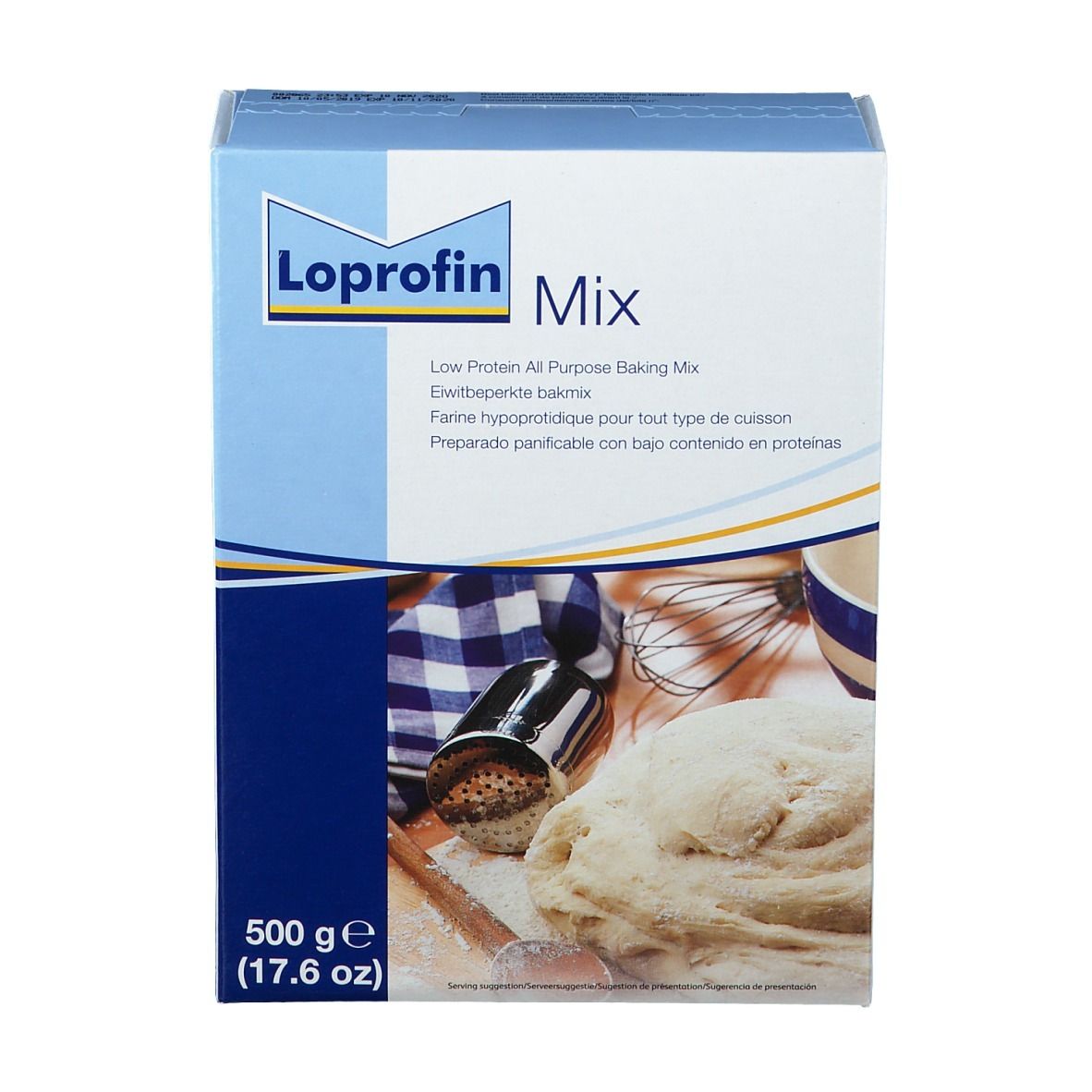 Karton Loprofin Mix. Aufdruck: Low Protein All Purpose Baking Mix. 500 g. Abgebildet: Zutaten, Teig, Schneebesen.