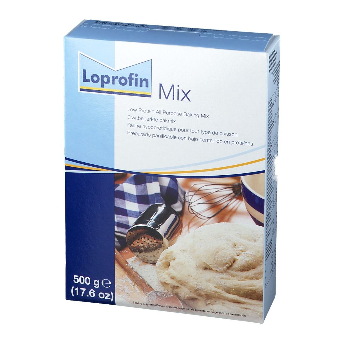 Karton Loprofin Mix. Aufdruck: Low Protein All Purpose Baking Mix. 500 g. Abgebildet: Zutaten, Teig, Schneebesen.