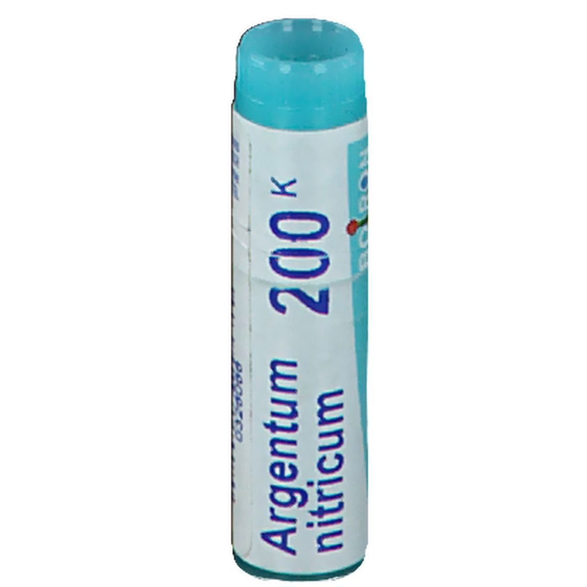 Tube cylindrique avec bouchon bleu. Inscription: Argentum nitricum 200K. Marque Boiron.