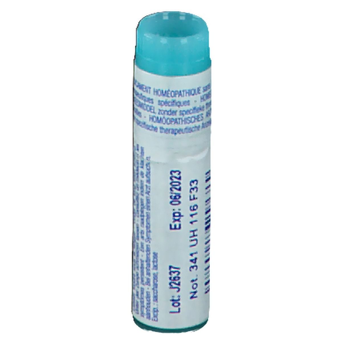 Tube cylindrique avec bouchon bleu. Inscription: Exp. 06/2023. Numéro de lot. Texte multilingue.