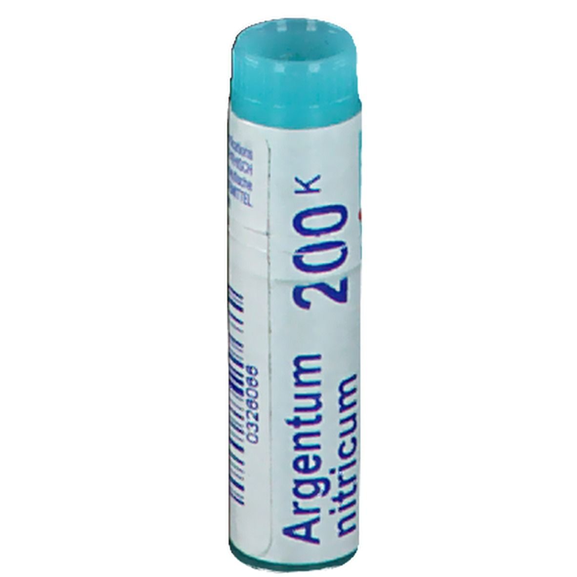 Tube cylindrique avec bouchon bleu. Inscription: Argentum nitricum 200K. Code 0328066.