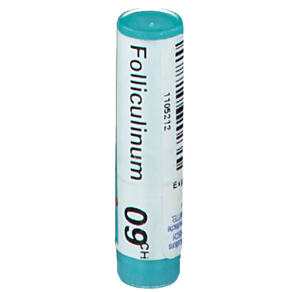 Cilindrische verpakking met blauwe dop en bodem. Opschrift: Folliculinum 09CH. Streepjescode en lotnummer.