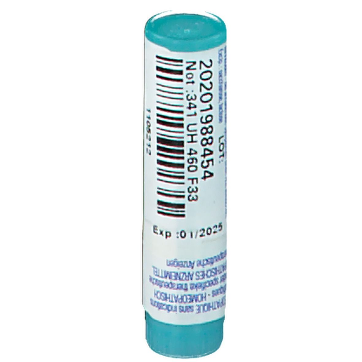 Cilindrische verpakking met blauwe dop en bodem. Opschriften en barcode. Vervaldatum: 01/2025.