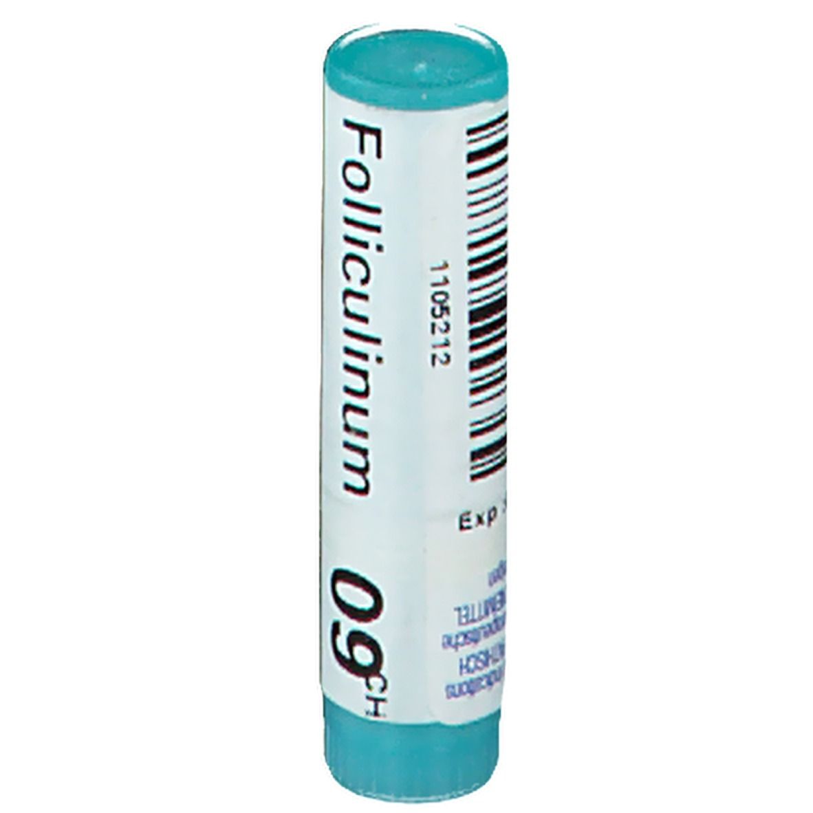 Cilindrische verpakking met blauwe dop en bodem. Opschrift: Folliculinum 09CH. Streepjescode en lotnummer.