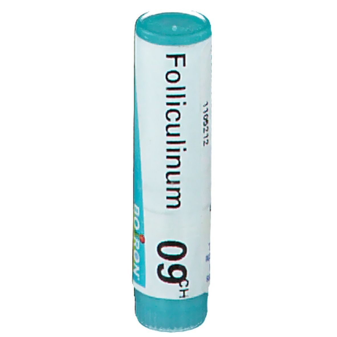 Cilindrische verpakking met blauwe dop en bodem. Opschrift: Folliculinum 09CH. Merk: BOIRON.