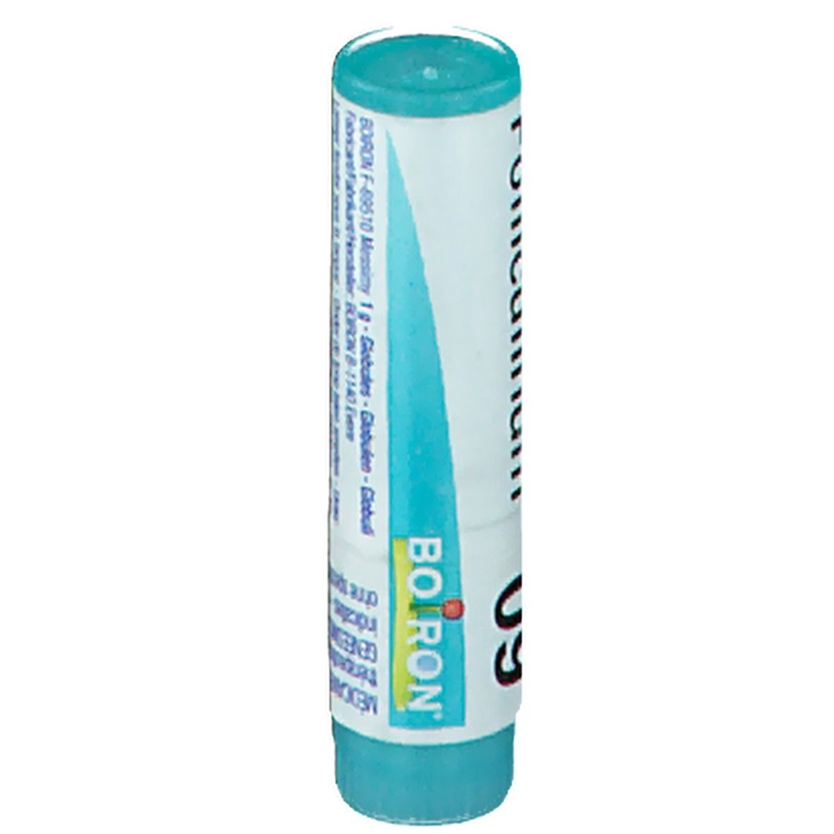 Cilindrische verpakking met blauwe dop en bodem. Opschrift: Folliculinum 09CH. Merk: BOIRON. Meertalige tekst.