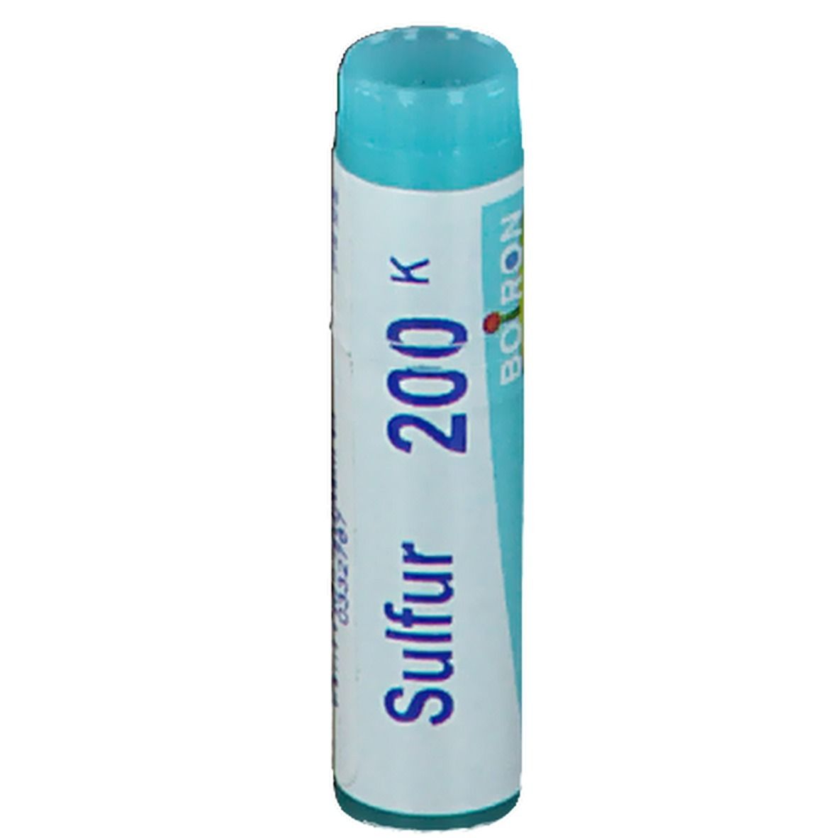Tube cylindrique avec bouchon bleu. Inscription: Sulfur 200 K, Boiron.
