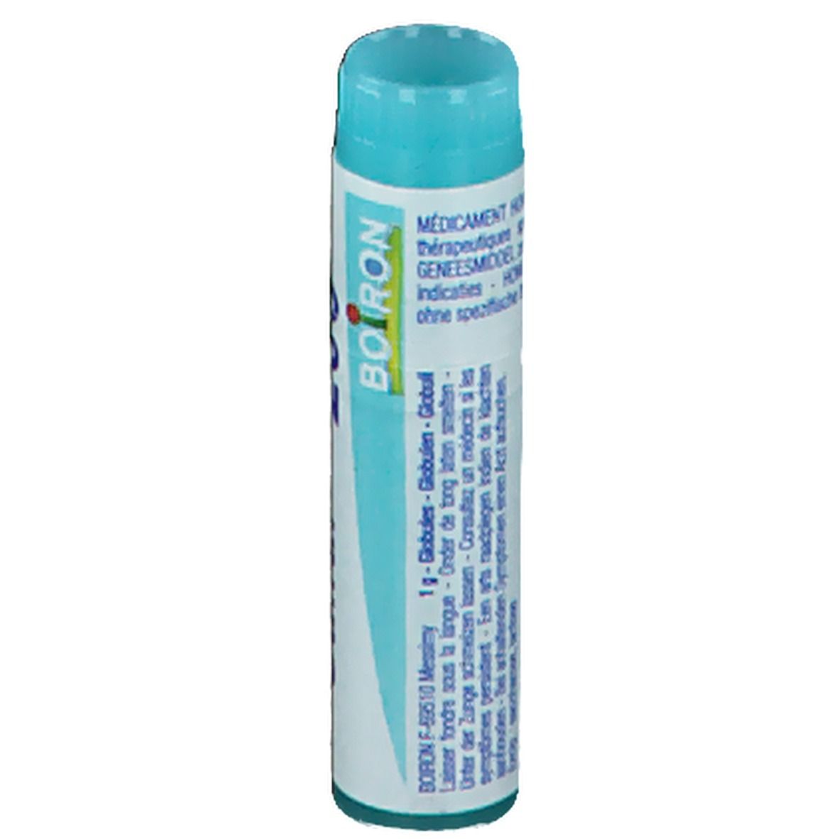 Tube cylindrique avec bouchon bleu. Inscription: Boiron, Globules, 1g.