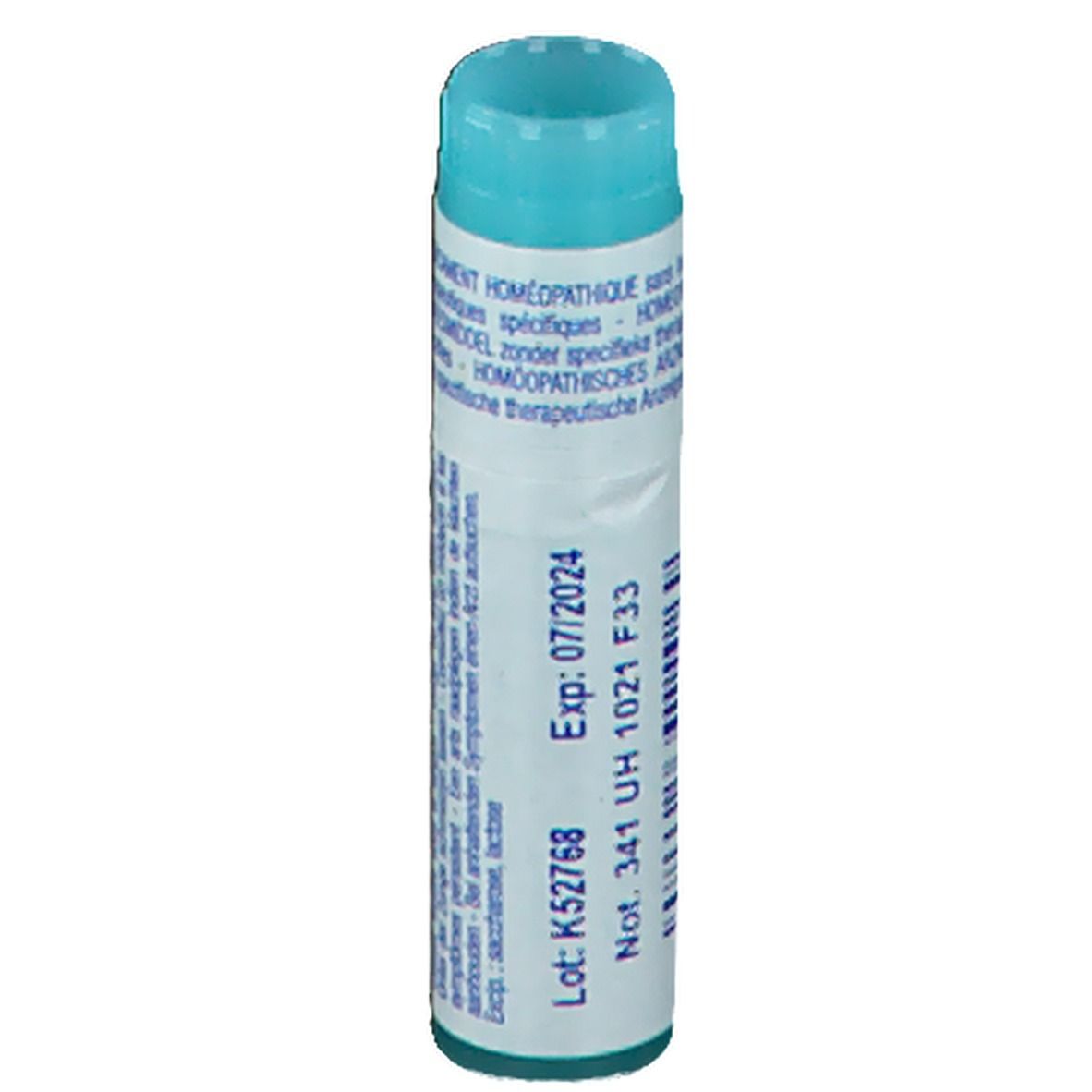 Tube cylindrique avec bouchon bleu. Inscription: Exp: 07/2024, Lot: K52768.