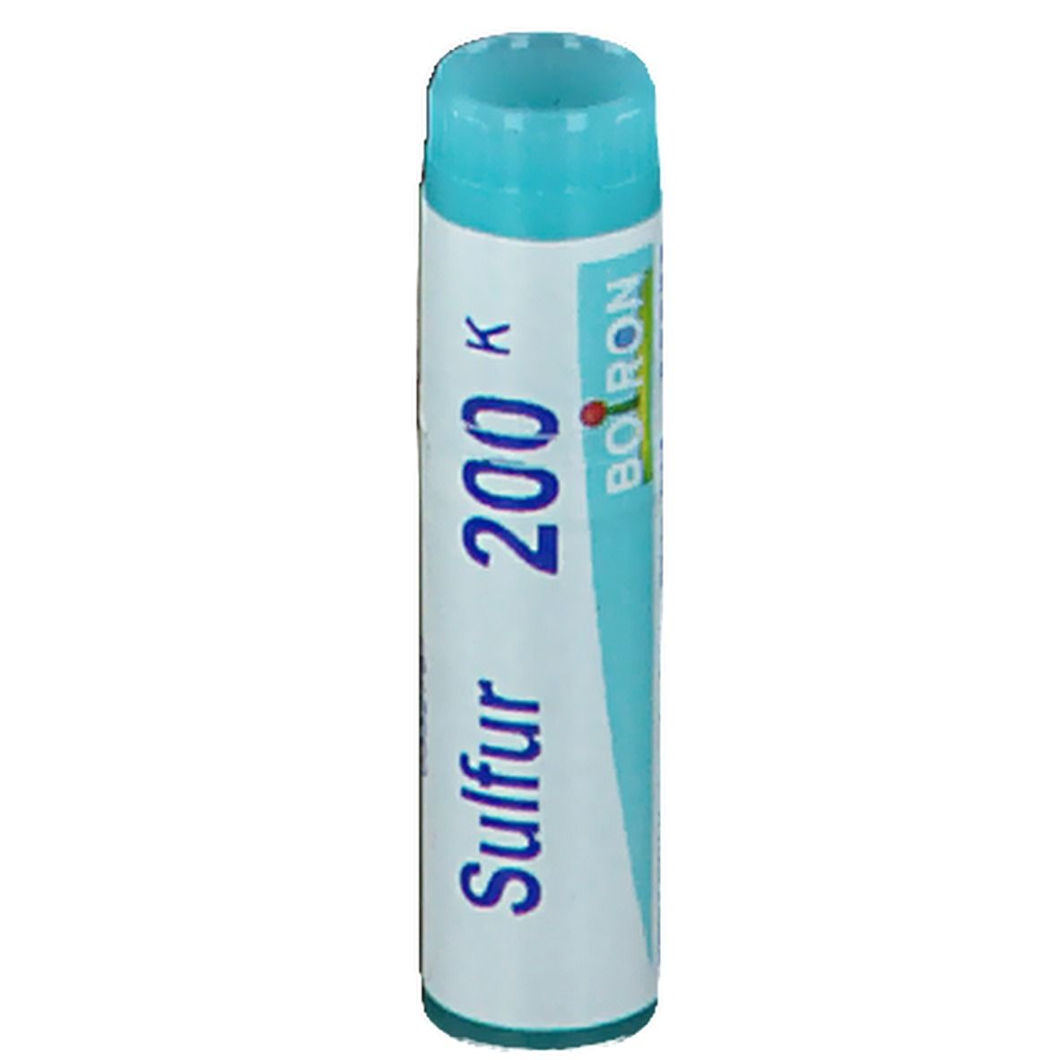 Tube cylindrique avec bouchon bleu. Inscription: Sulfur 200 K, Boiron.