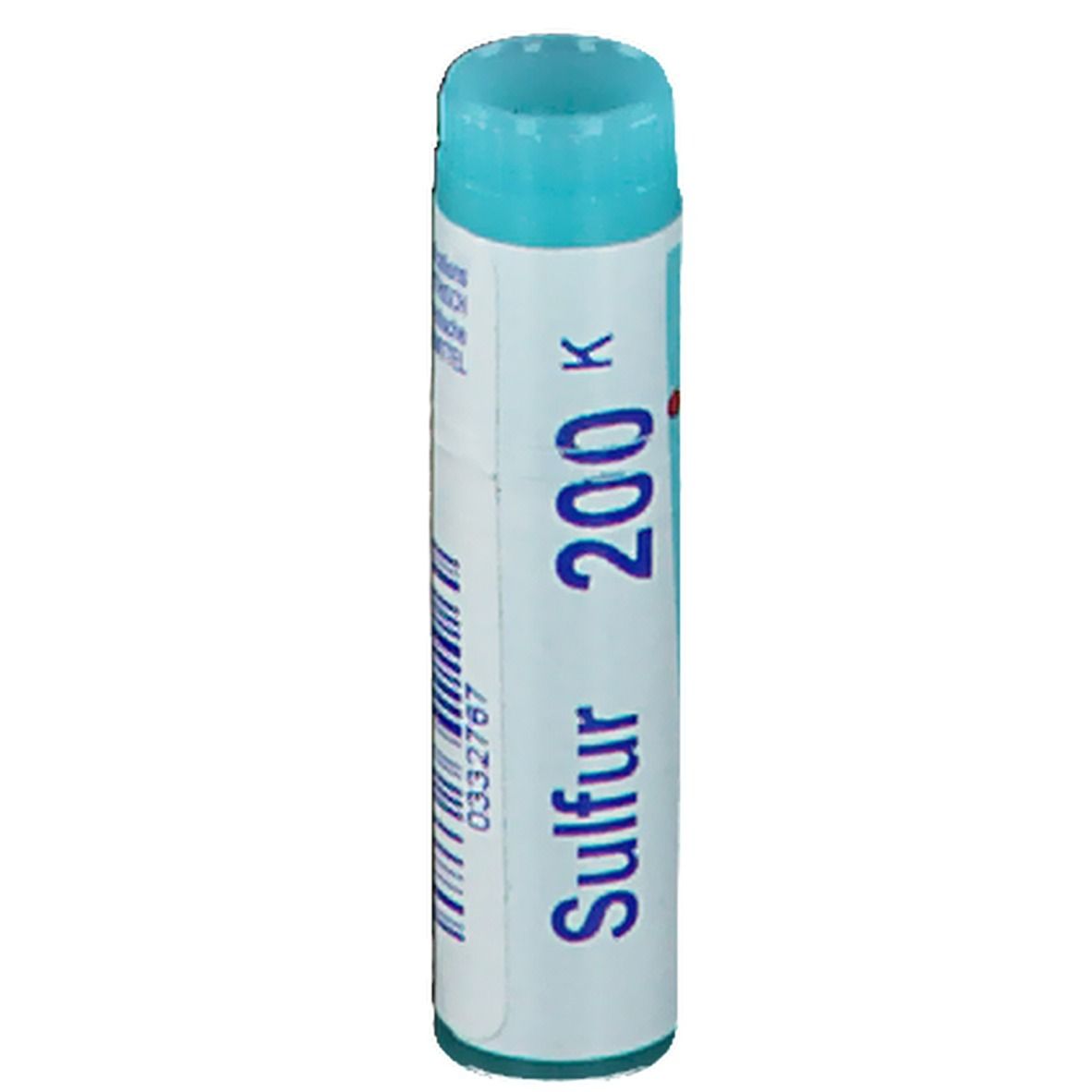 Tube cylindrique avec bouchon bleu. Inscription: Sulfur 200 K.