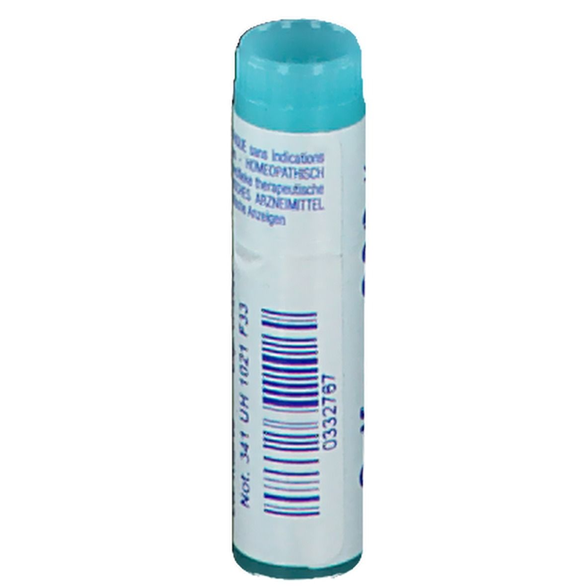 Tube cylindrique avec bouchon bleu. Code-barres et texte.