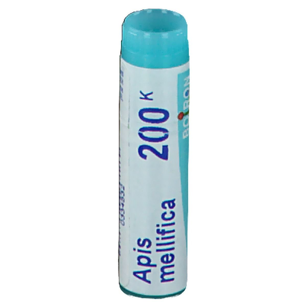 Tube cylindrique bleu. Inscription: Apis mellifica 200K, Boiron.