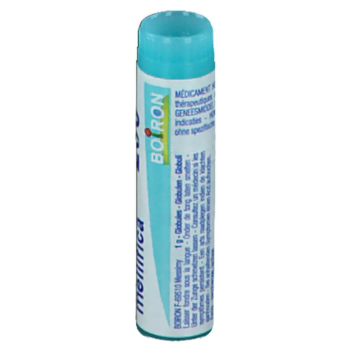 Tube cylindrique bleu. Inscription: Boiron, Apis mellifica, Globules.