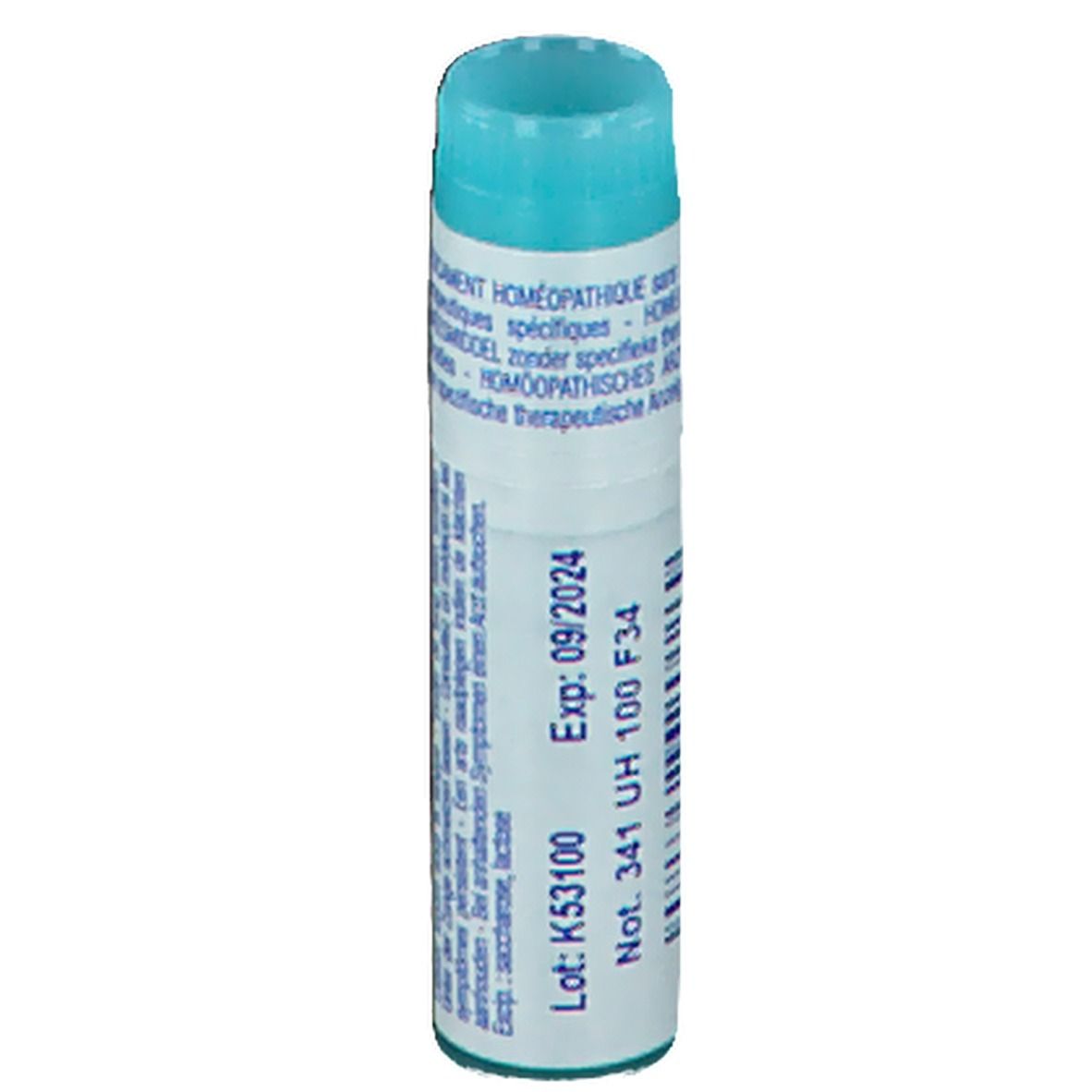 Tube cylindrique bleu. Inscription: Exp: 09/2024, Lot: K53100, Not. 341 UH 100 F34.
