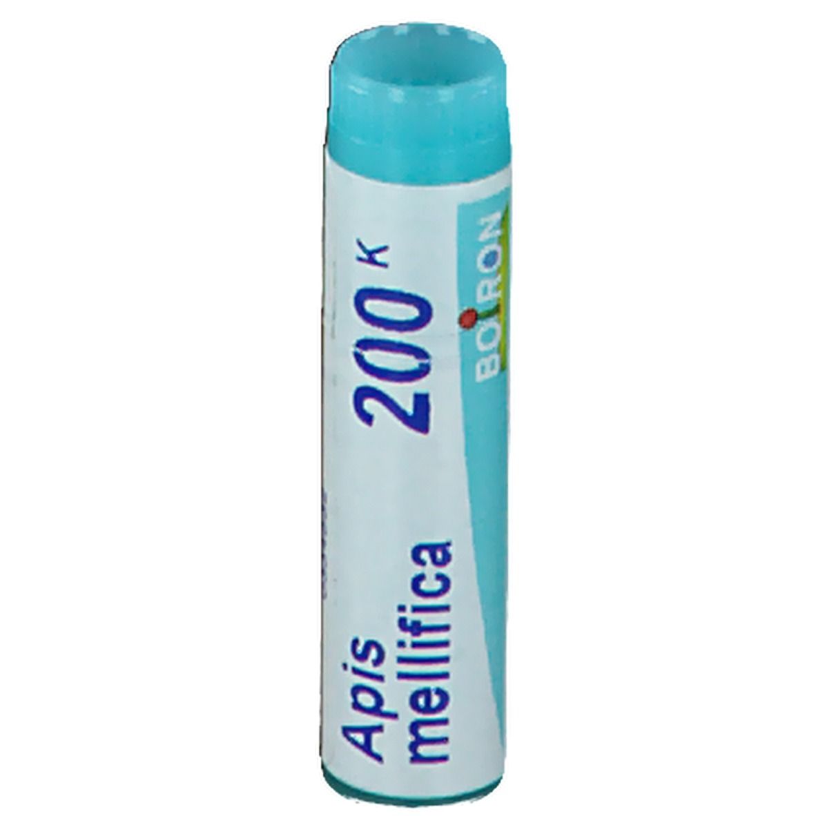 Tube cylindrique bleu. Inscription: Apis mellifica 200K, Boiron.